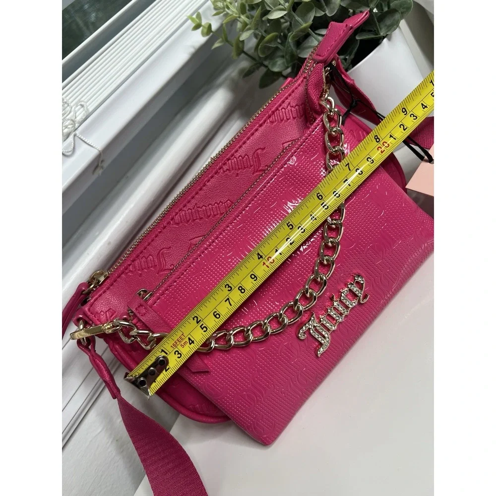 Juicy Couture Double Trouble Crossbody Bag Hot Pink Purse Gold Chain Pockets Zip